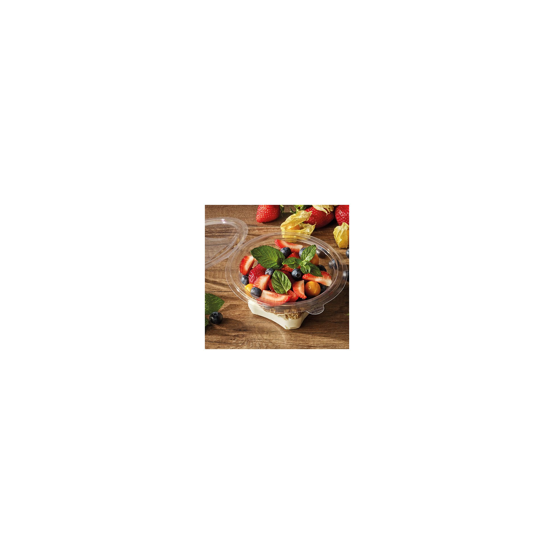 Feinkost- und Salatschalen mit Klappdeckel, R-PET rund 1000 ml Ø 18,5 cm · 7,8 cm glasklar