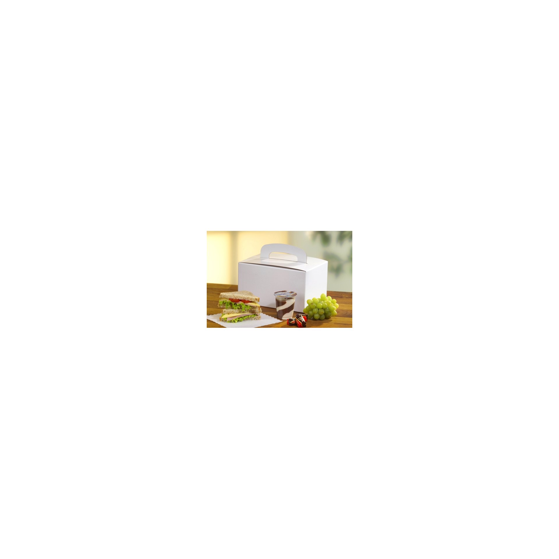 Lunch-Boxen, Pappe "pure" eckig 12,5 cm x 15,5 cm x 22,5 cm weiss mit Tragegriff