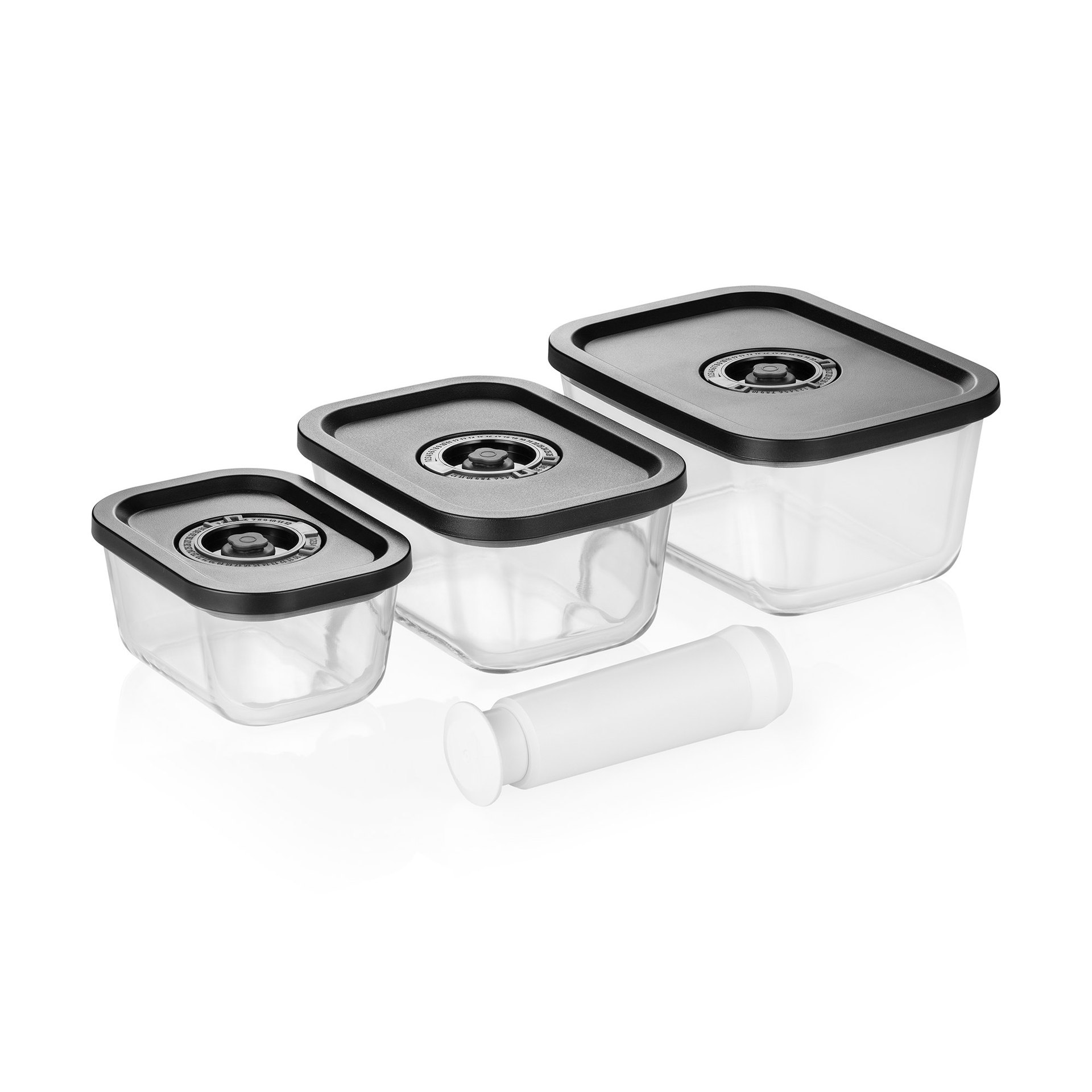 Frischhaltedosen Set mit ABS Deckel, 3-teilig, mit manueller Vakuum Pumpe, Borosilikatglas Frischhaltedosen Set mit ABS Deckel, 3-teilig, mit manueller Vakuum Pumpe, Borosilikatglas