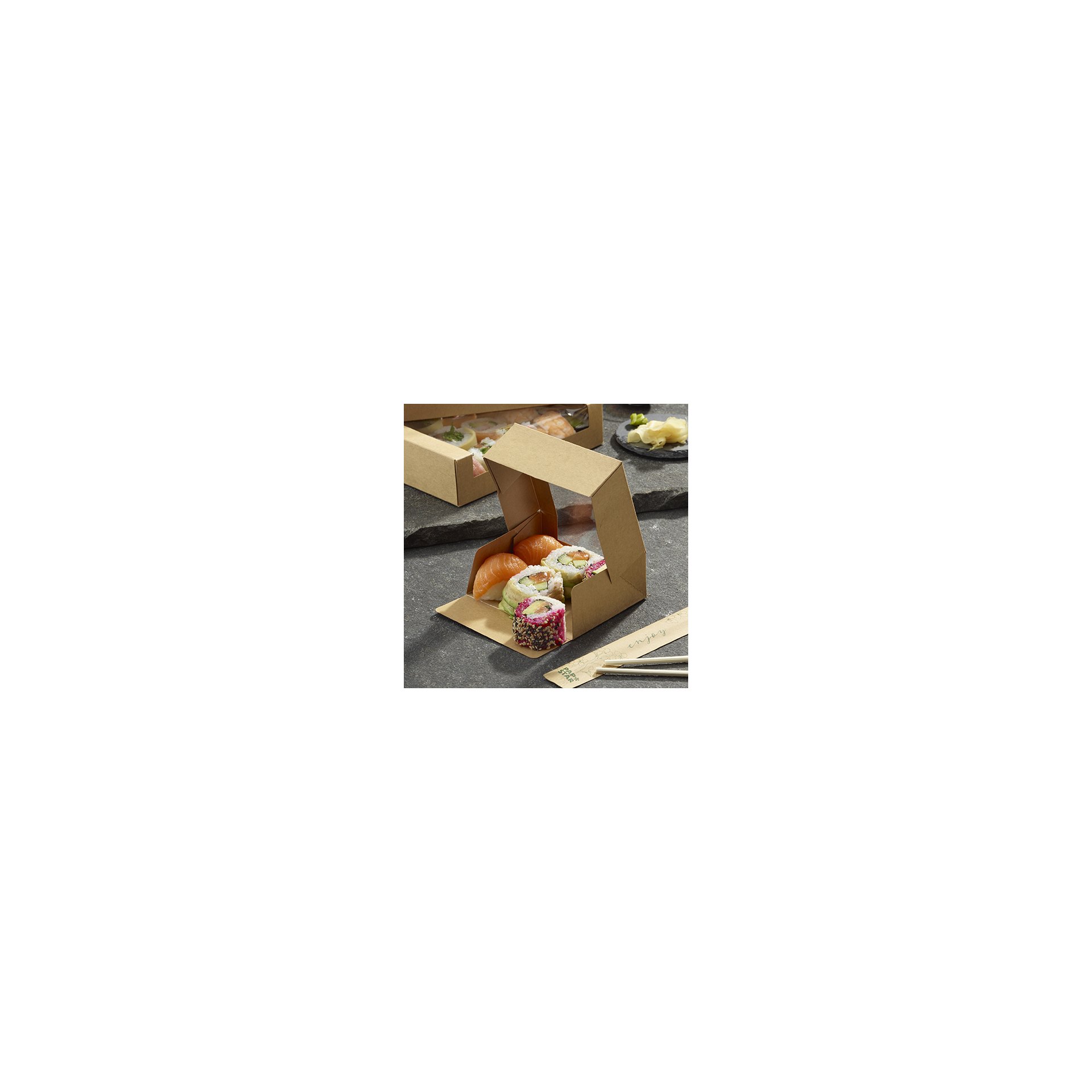 Sushi-Schalen, Pappe eckig 4,5 cm x 12 cm x 10 cm braun Sushi-Schalen, Pappe eckig 4,5 cm x 12 cm x 10 cm braun