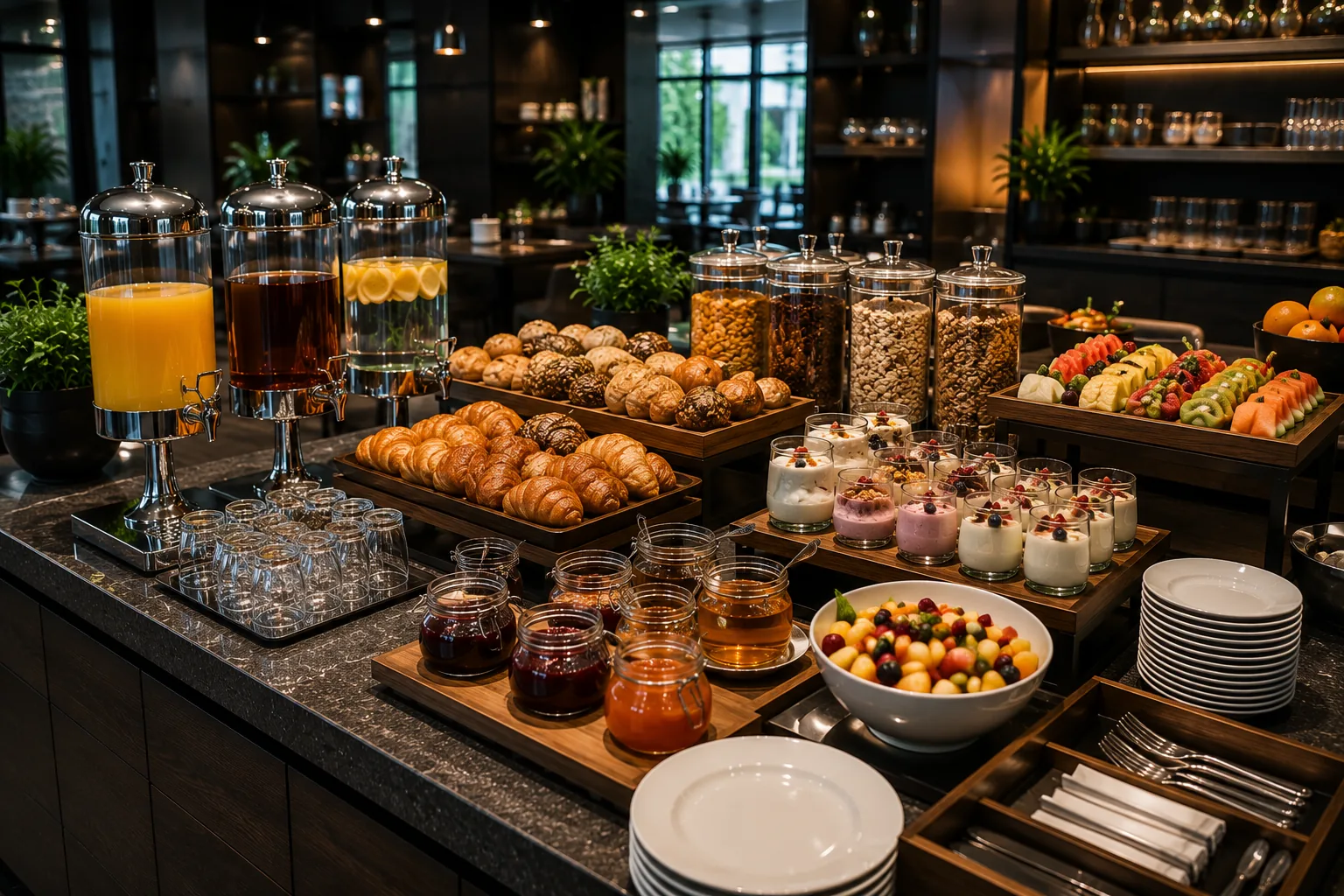 Frühstücksbuffet Ausstattung für Hotels mit Dispensern, Backwaren und Cerealien