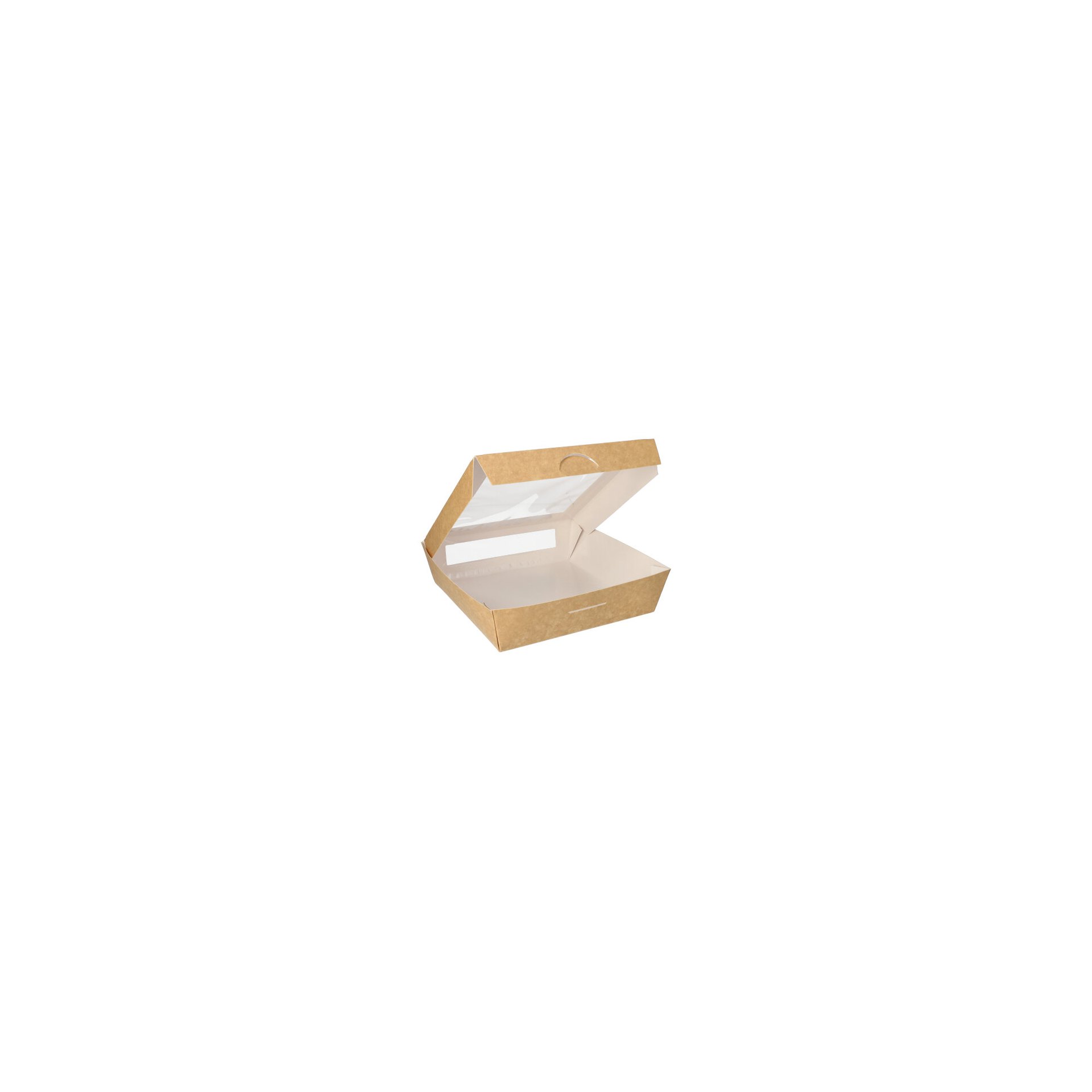 Feinkostboxen, Pappe mit Sichtfenster aus PLA eckig 1500 ml 19 cm x 19 cm x 5 cm braun