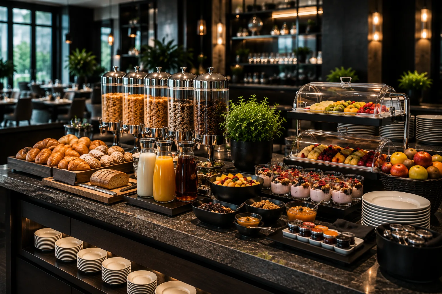 Buffet und Service Ausstattung mit Geschirr, Gläsern und Tischzubehör