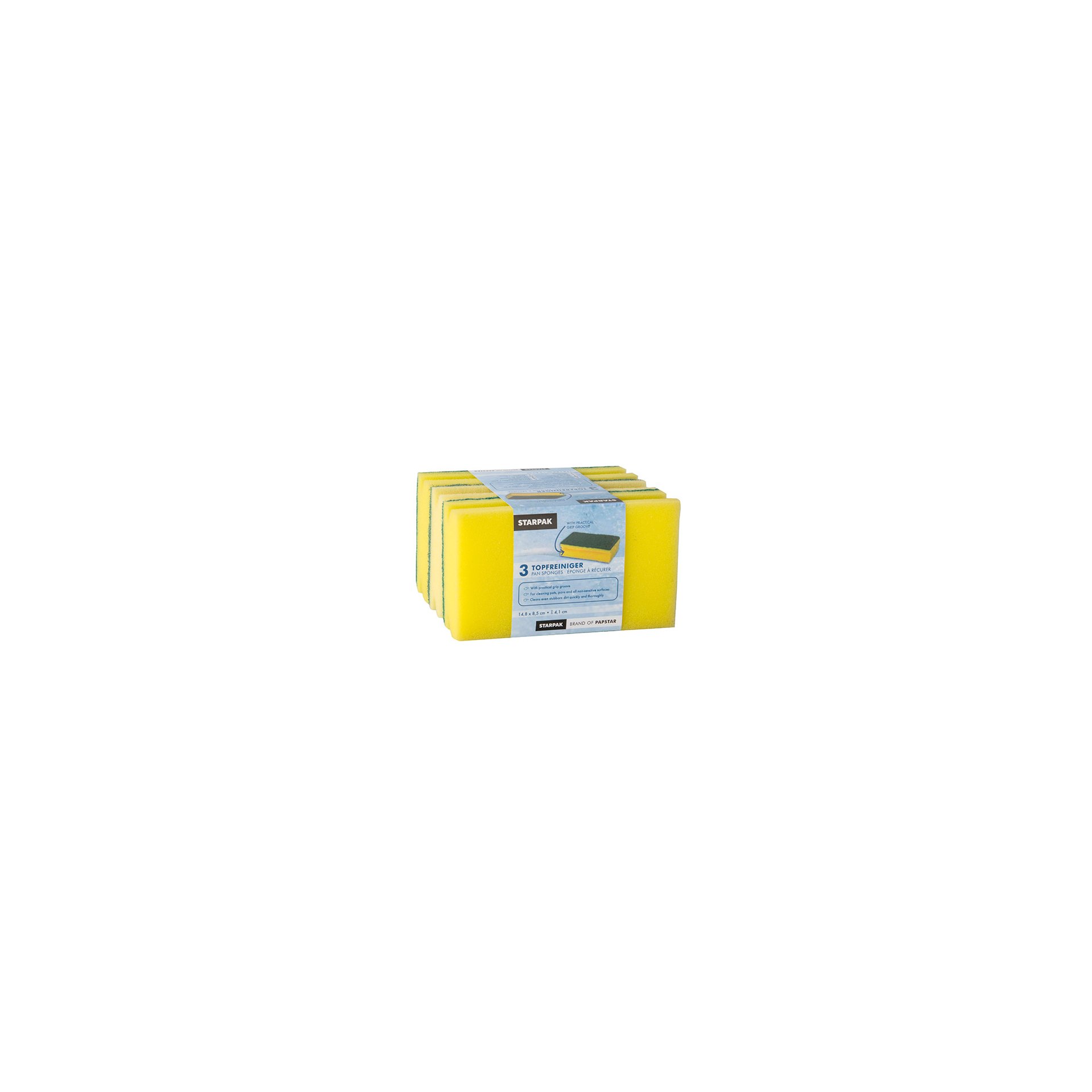 Topfreiniger, Schwamm Jumbo eckig 4,1 cm x 14,8 cm x 8,5 cm gelb/grün mit Griffrille, kratzend Topfreiniger, Schwamm Jumbo eckig 4,1 cm x 14,8 cm x 8,5 cm gelb/grün mit Griffrille, kratzend