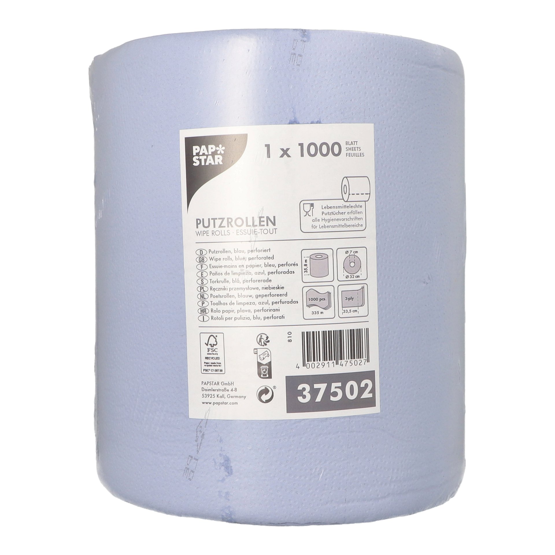 Putzrolle, 3-lagig Ø 32 cm · 335 m x 35,8 cm blau 1.000 Abrisse Blatt 35,4 x 33,5 cm