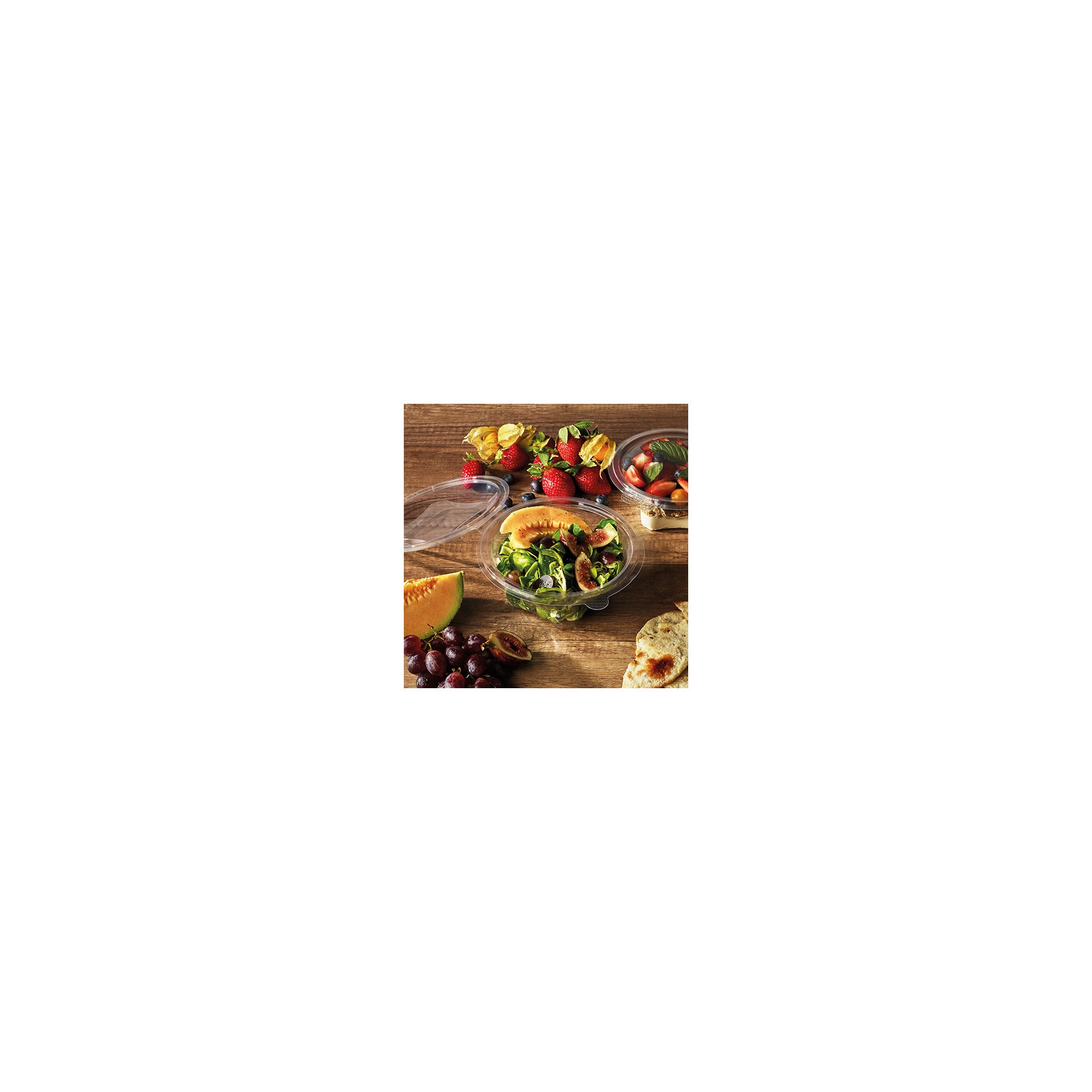 Feinkost- und Salatschalen mit Klappdeckel, R-PET rund 750 ml Ø 17,4 cm · 7,3 cm glasklar Feinkost- und Salatschalen mit Klappdeckel, R-PET rund 500 ml Ø 15,5 cm · 6,8 cm glasklar