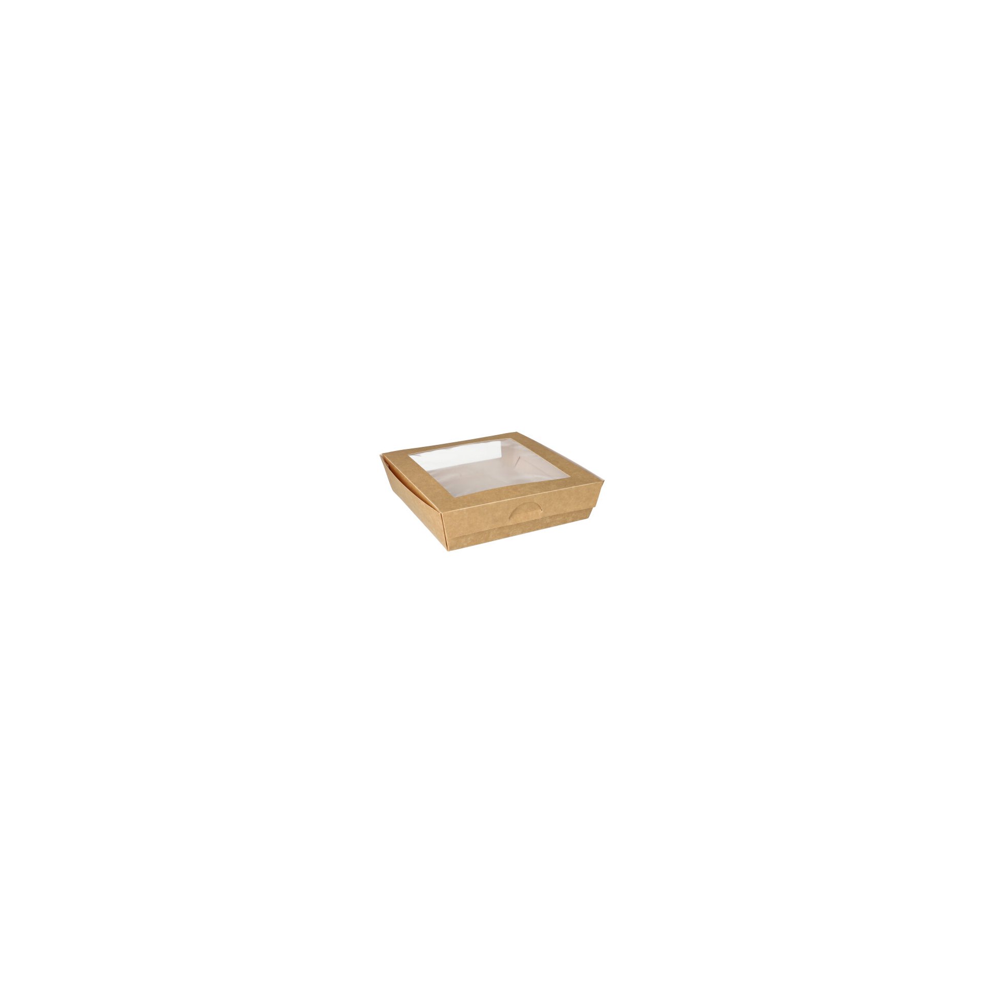 Feinkostboxen, Pappe mit Sichtfenster aus PLA eckig 1500 ml 19 cm x 19 cm x 5 cm braun