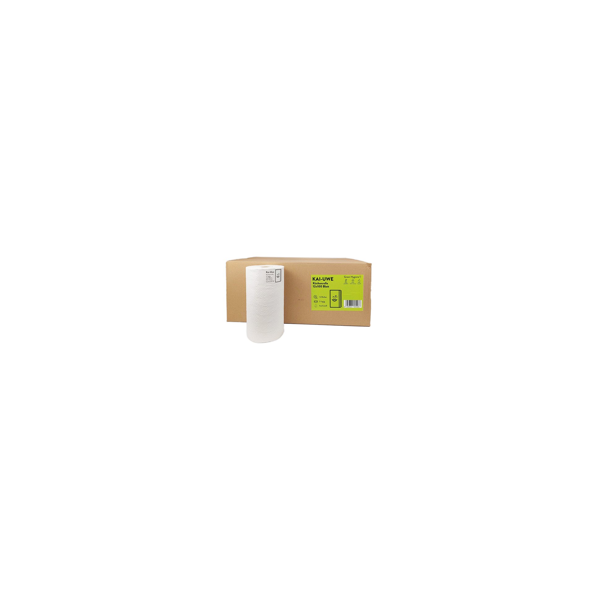 Rollen "Green Hygiene" Küchenrollen "KAI-UWE" Ø 13 cm · 22 cm x 24,7 cm 100 Blatt, 3-lagig