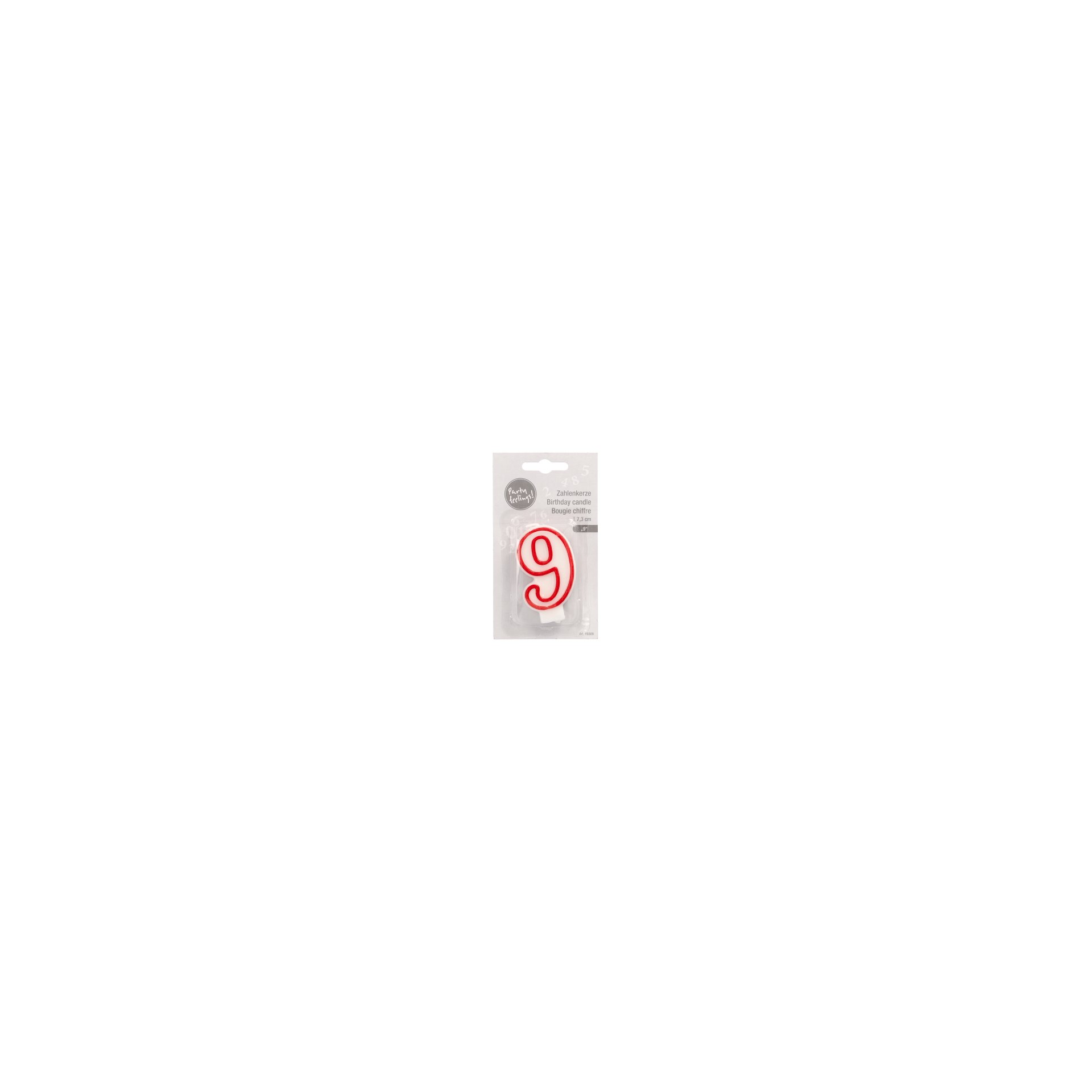 Zahlenkerze 7,3 cm weiss "9" mit rotem Rand Zahlenkerze 7,3 cm weiss "9" mit rotem Rand