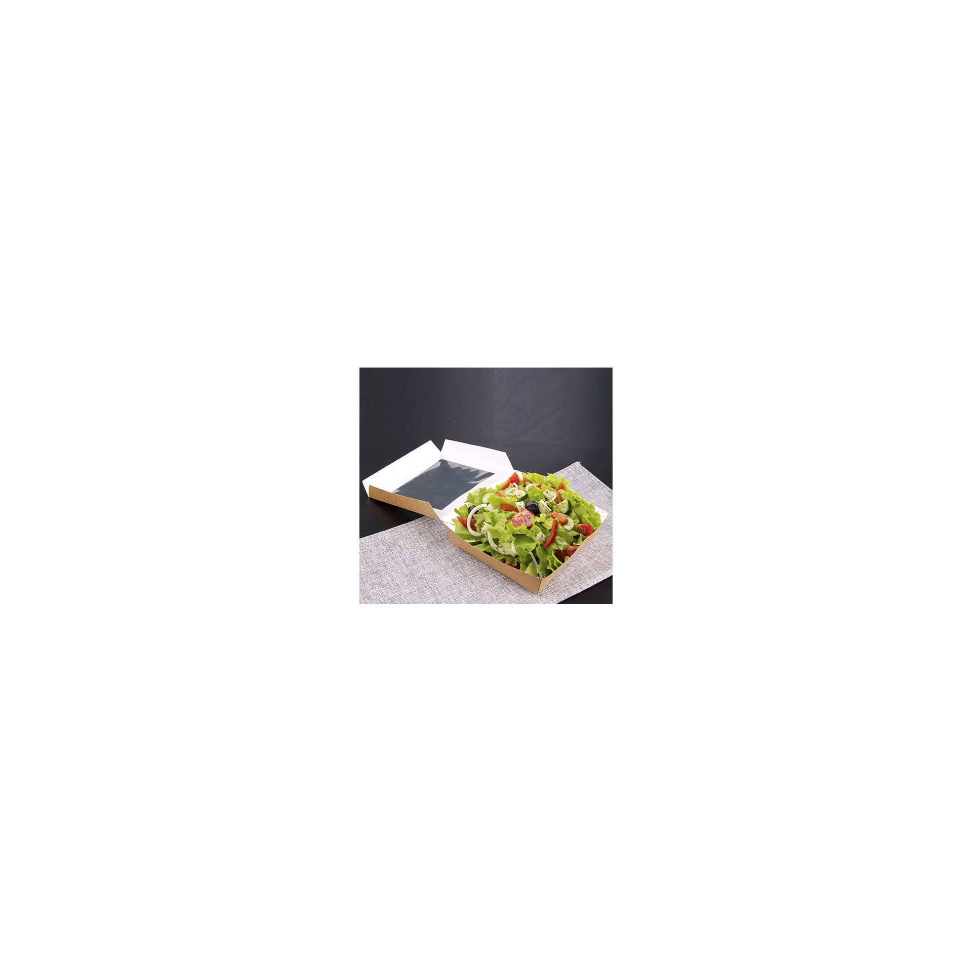 Feinkostboxen, Pappe mit Sichtfenster aus PLA eckig 1000 ml 16 cm x 16 cm x 5 cm braun Feinkostboxen, Pappe mit Sichtfenster aus PLA eckig 750 ml 14 cm x 14 cm x 5 cm braun