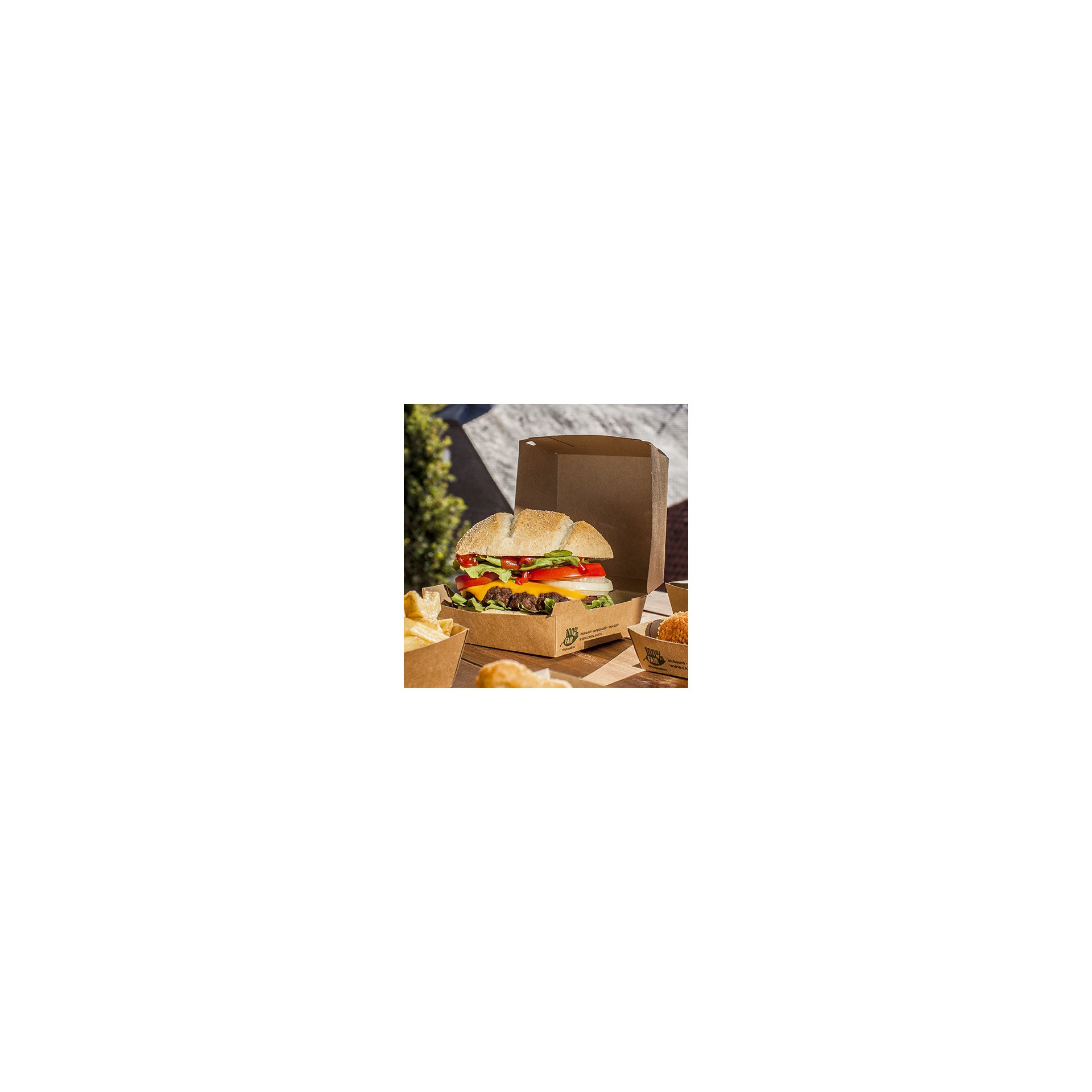 Burgerboxen, Pappe 8,5 cm x 15,5 cm x 15,5 cm braun "100% Fair" extra groß Burgerboxen, Pappe 8,5 cm x 15,5 cm x 15,5 cm braun "100% Fair" extra groß