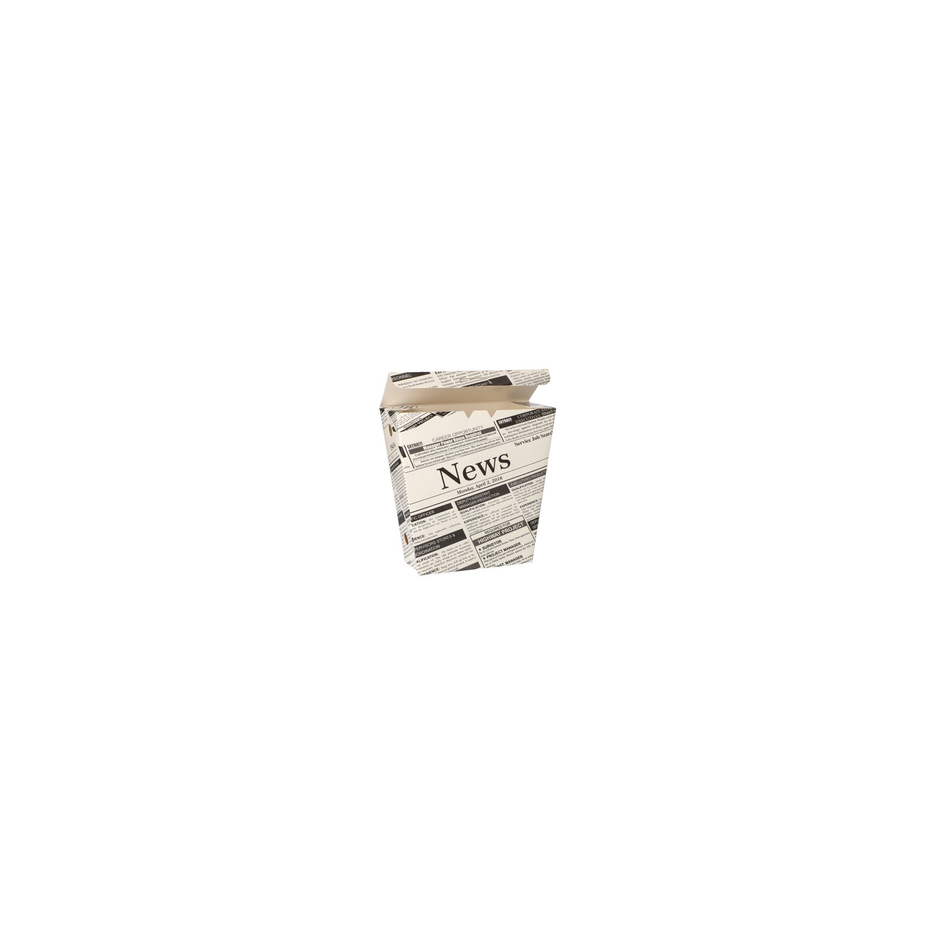 Pommes-Frites-Schütte, Pappe 4,3 cm x 14,5 cm x 11 cm "Newsprint" mit Klappdeckel