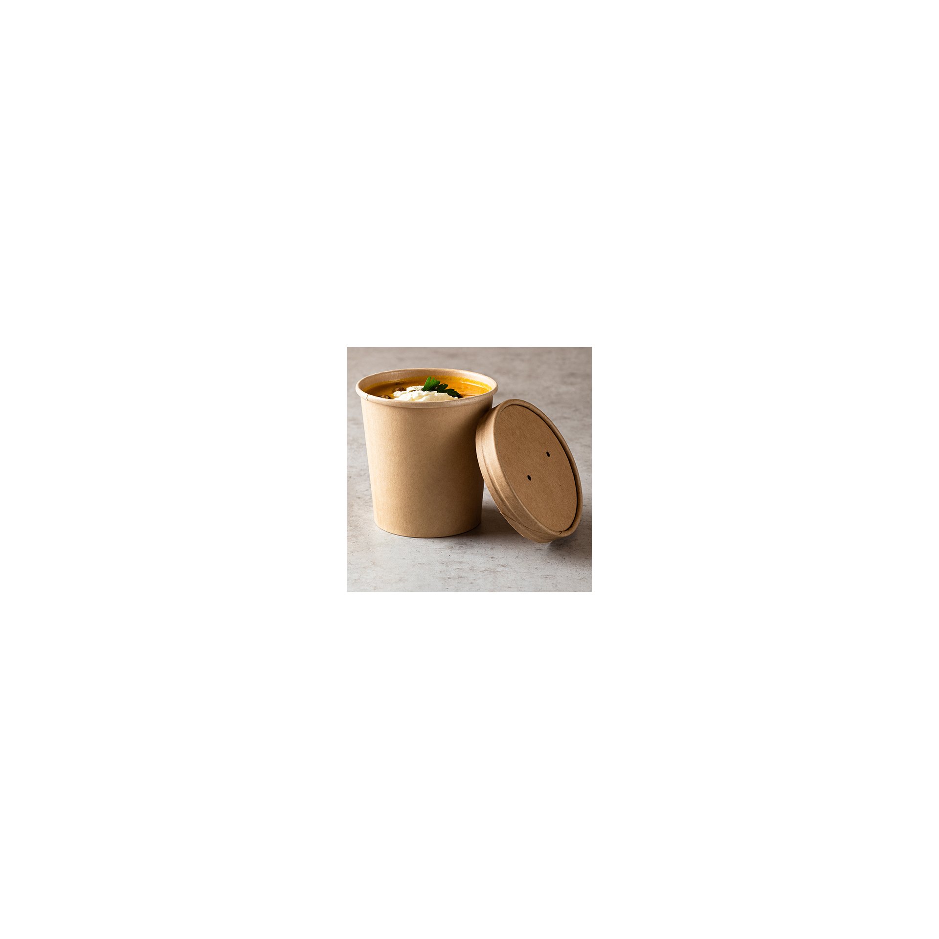 Deckel für Suppenbecher, Pappe rund Ø 11,5 cm · 1,6 cm braun Suppenbecher, Pappe rund 470 ml Ø 9,8 cm · 10 cm braun