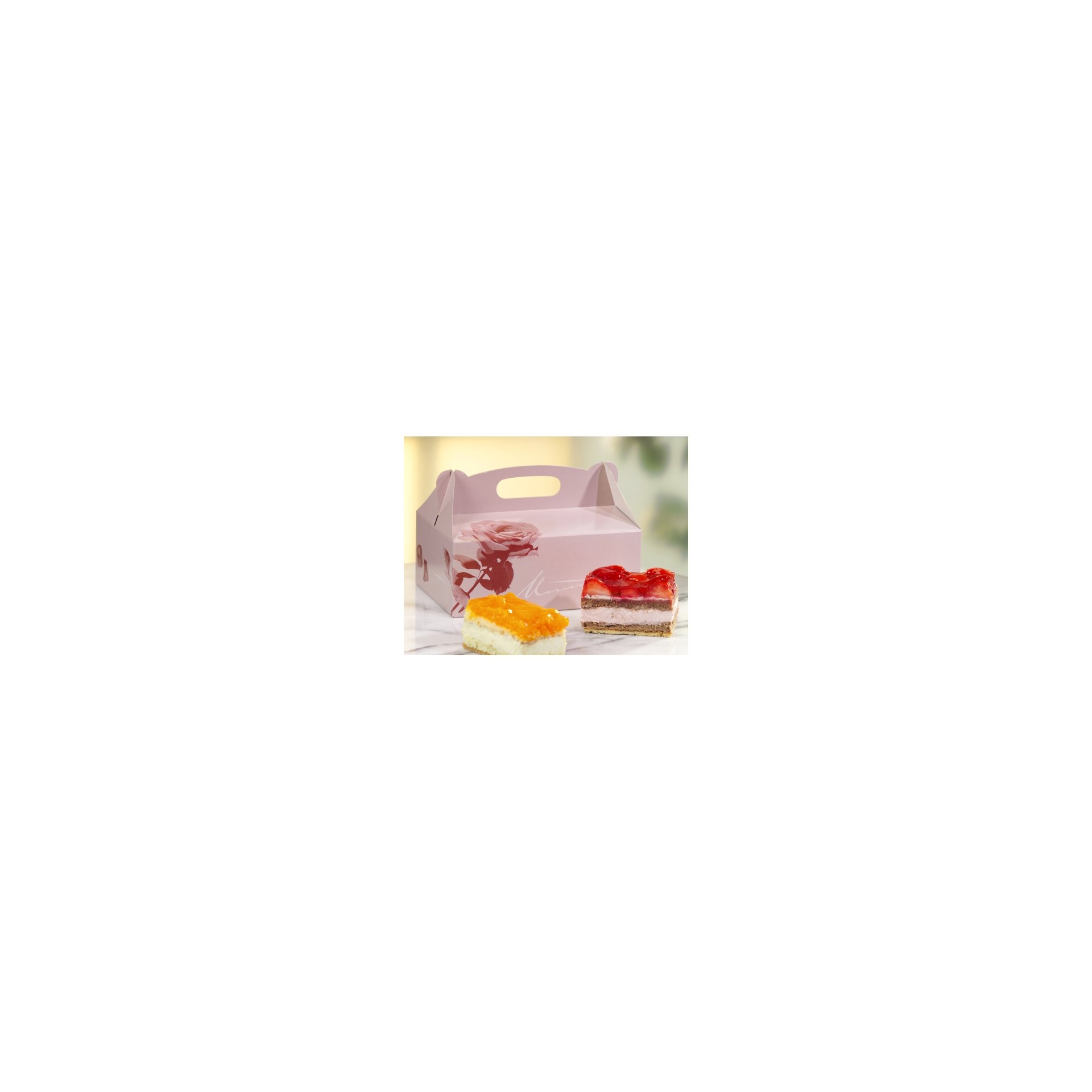 Gebäck-Kartons, Pappe eckig 26 cm x 22 cm x 9 cm rosé mit Tragegriff
