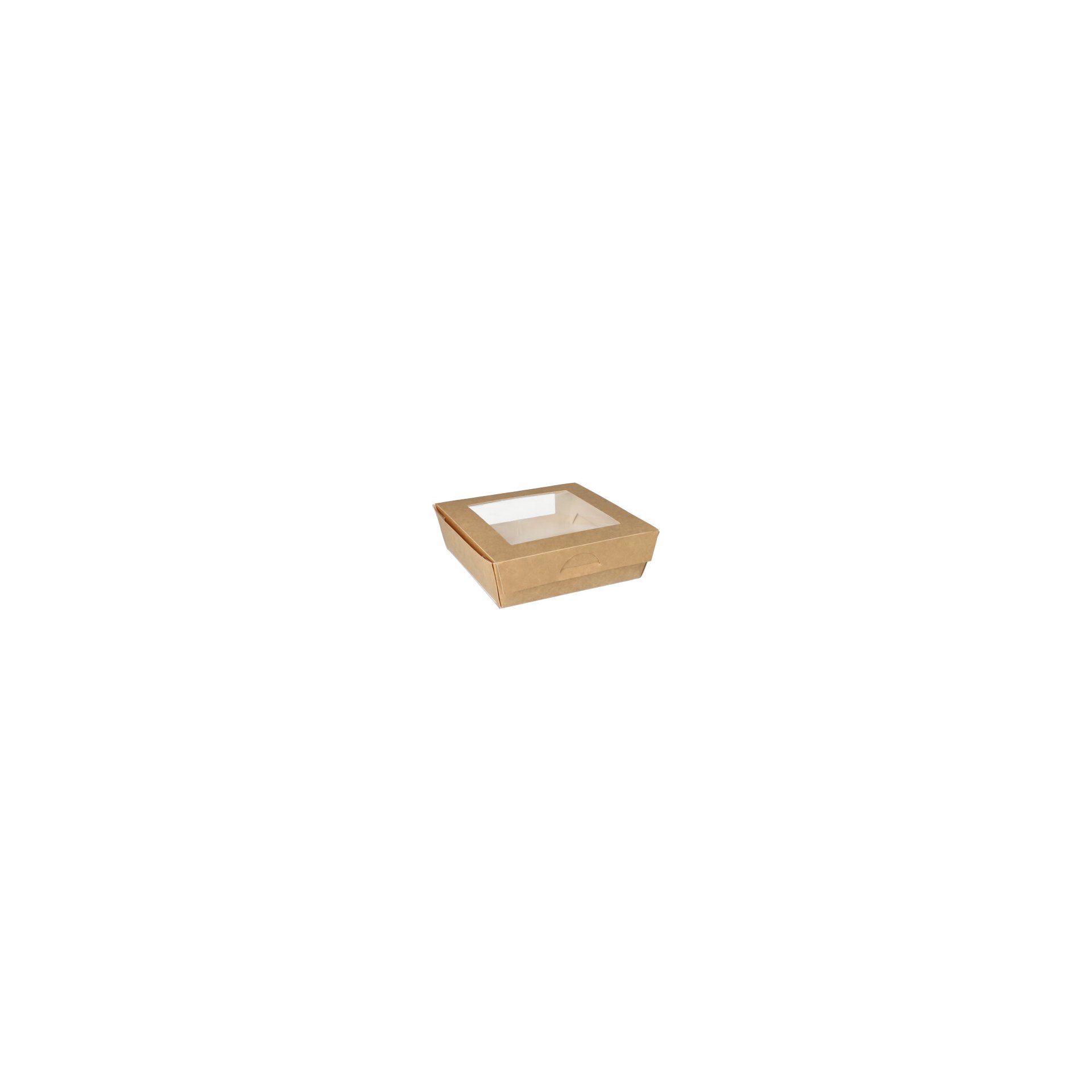 Feinkostboxen, Pappe mit Sichtfenster aus PLA eckig 1000 ml 16 cm x 16 cm x 5 cm braun