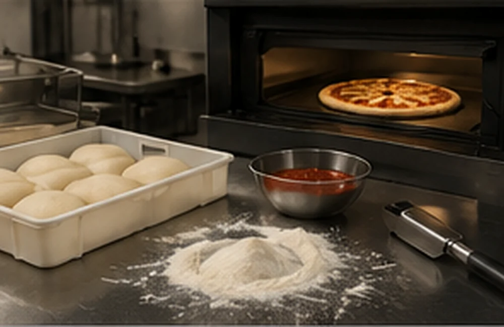 Pizza Vorbereitung mit Teigboxen und Pizzazubehör