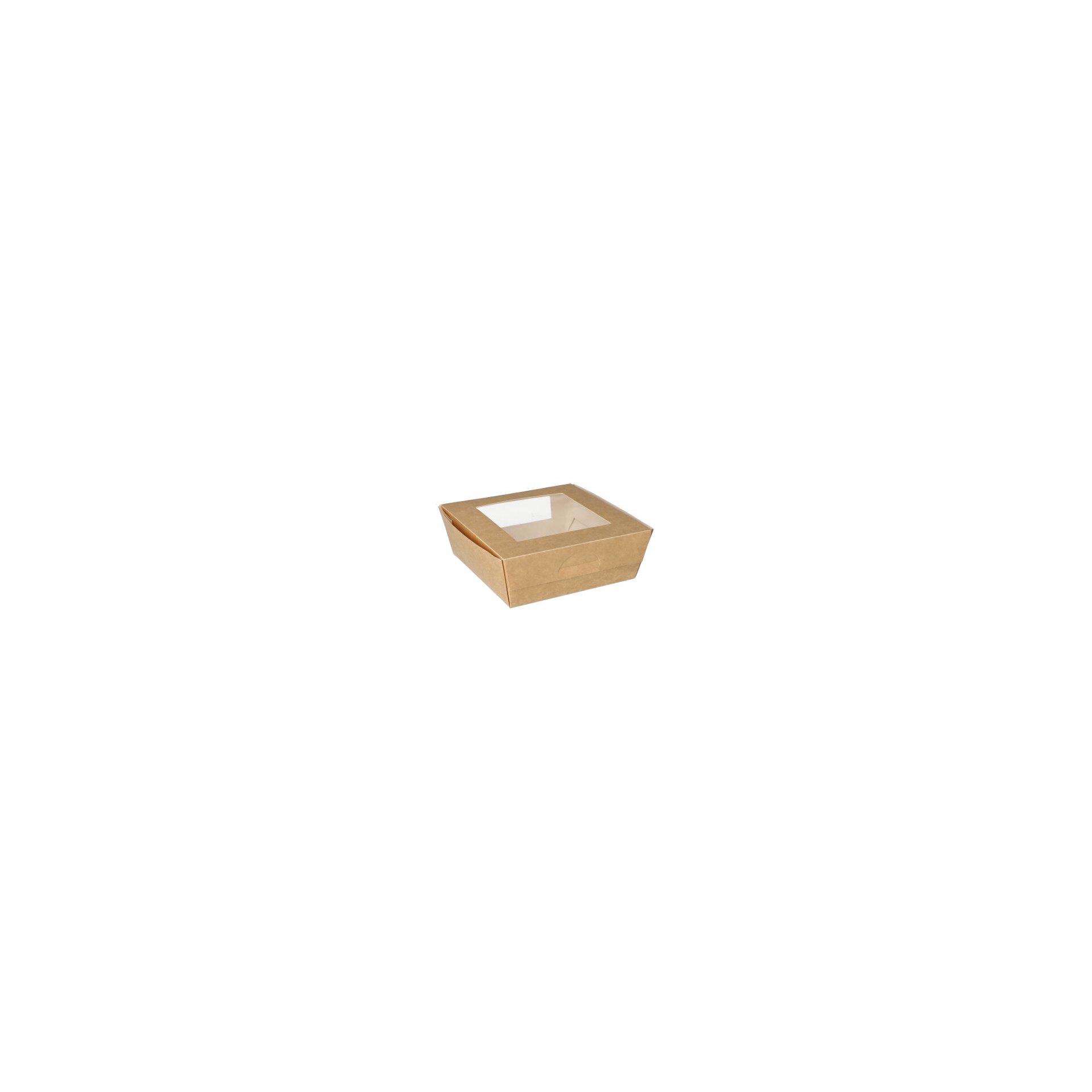 Feinkostboxen, Pappe mit Sichtfenster aus PLA eckig 750 ml 14 cm x 14 cm x 5 cm braun Feinkostboxen, Pappe mit Sichtfenster aus PLA eckig 750 ml 14 cm x 14 cm x 5 cm braun