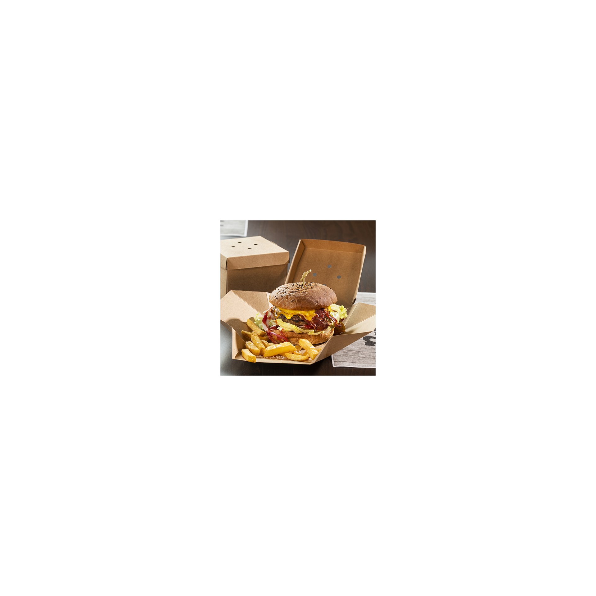 Burgerboxen, Pappe "pure" 10 cm x 13 cm x 13 cm braun faltbar, klein