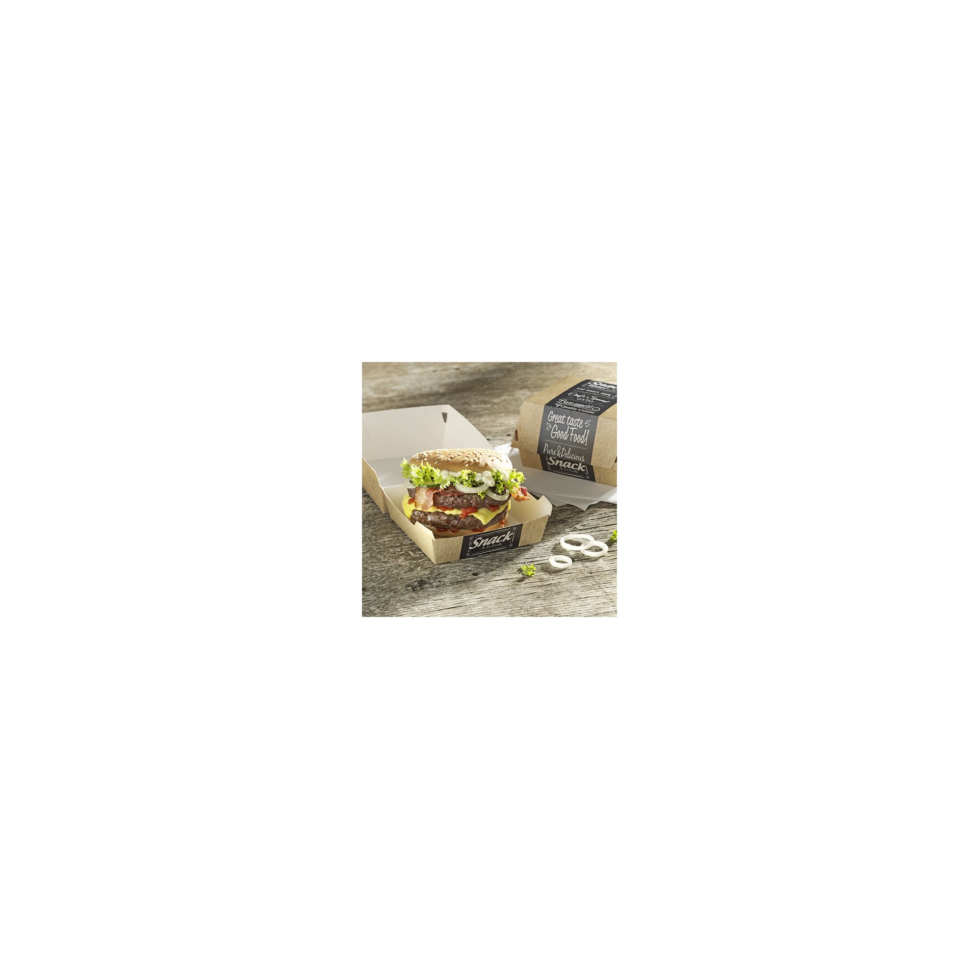 Burgerboxen, Pappe "pure" 7,8 cm x 11,5 cm x 11 cm "Good Food" groß Burgerboxen, Pappe "pure" 7 cm x 9 cm x 9 cm "Good Food" klein